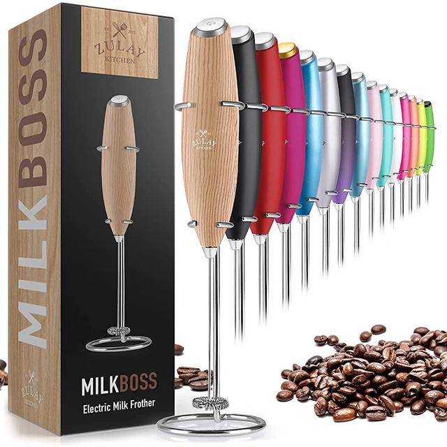 Zulay Original Milk Frother Handheld Foam Maker for Lattes - Whisk Drink Mixer for Coffee, Mini Foamer for Cappuccino, Frappe, Matcha, Hot Chocolate by Milk Boss (Maple)