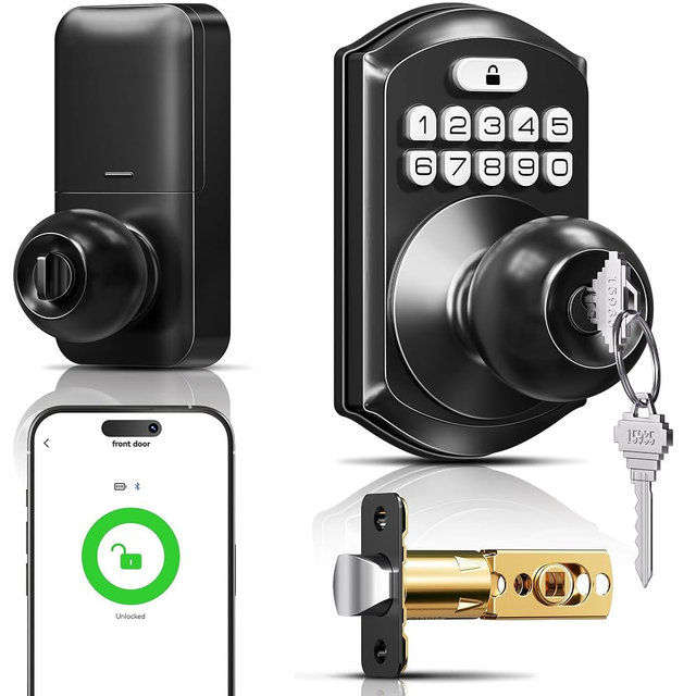 TEEHO TE018 Smart Door Knob with Keypad, App Control, Keyless Entry Digtal Door Lock with Handle, Remote Share One-Time Code, Auto Lock, Easy Installation for Front Door, Bedroom, Rental, Matte Black
