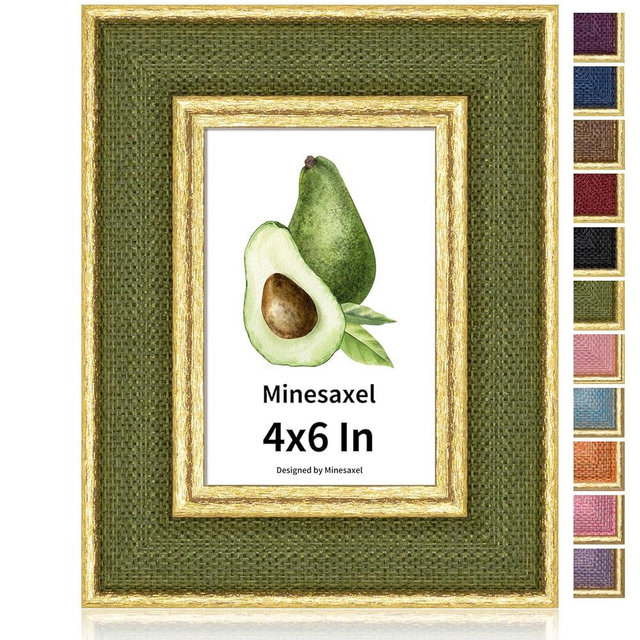 Minesaxel 4x6 Picture Frame - Green Fabric & Rustic Gold Border HD Real Glass with Easel for Tabletop/Wall (Family Photos, Cabin Decor 1 Pack)