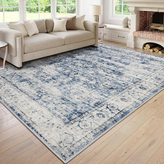 Lahome Blue Area Rug for Living Room 6x9 Machine Washable Area Rugs Living Room Rug,Vintage Distressed Soft Rubber Backing Stain Resistant Indoor Carpet for Office