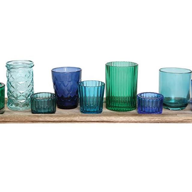 Creative Co-Op DA5406 Wood Tray with 9 Blue & Green Glass Votive Holders,Cool Blues