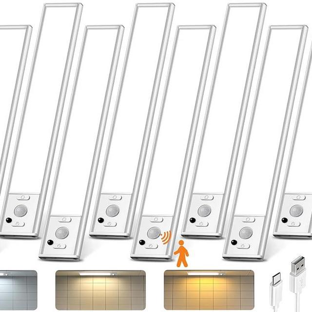 Under Cabinet Lights with Remote Control, USB Rechargeable LED Motion Sensor Light Indoor, Magnetic Wireless Under Counter Lights, 3 Color Dimmable Closet Lights for Kitchen,Cabinet,Bedroom, 8 Pack