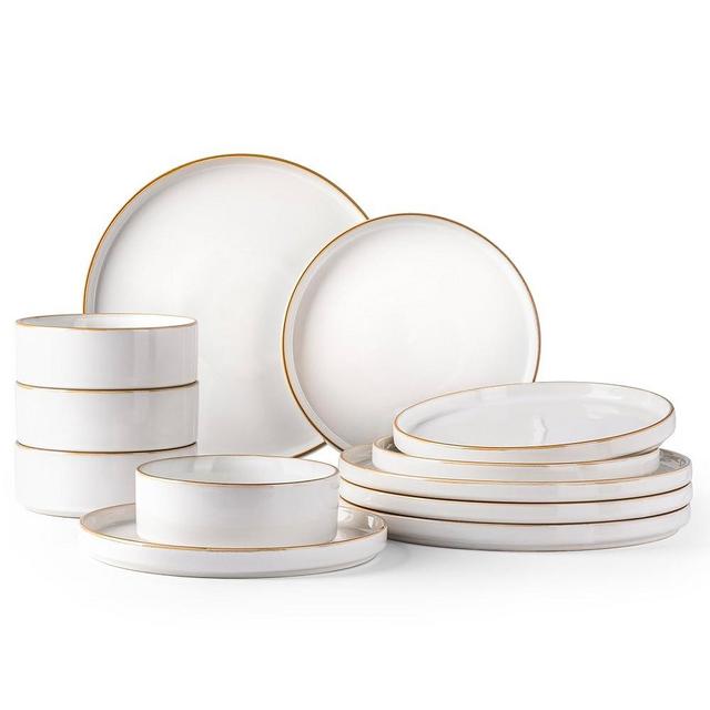 GBHOME Ceramic Dinnerware Sets for 4, 12 Pieces Stoneware Plates and Bowls Sets, Reactive Glaze Dishes -Scratch Resistant, Dishwasher&Microwave Safe-Pearl White