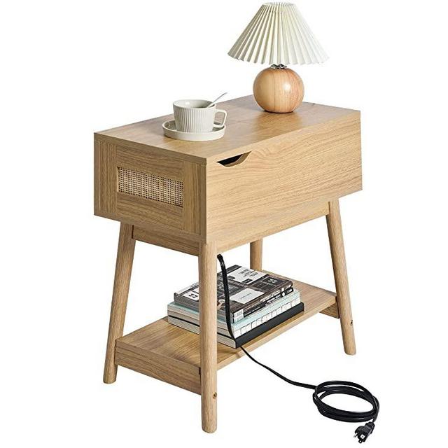 Labcosi Natural Rattan Side Table, Flip Top Nightstand with Charging Station, Mid Century Modern End Table for Living Room and Bedroom, Table with Storage Shelf