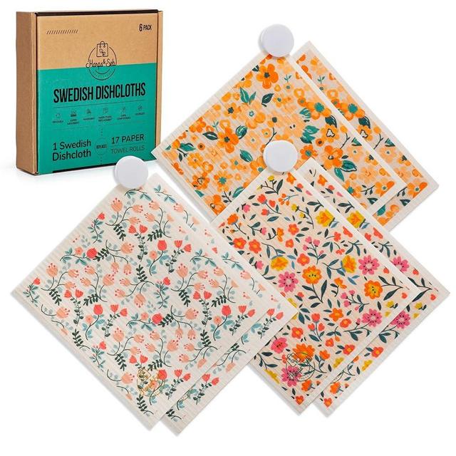 Harps&Seb 6 Pack, Reusable Swedish Dishcloths for Kitchen, Super Absorbent Washable Swedish Dish Towels with Clips, No Odor, Biodegradable, Non-Scratch Reusable Paper Towel Replacement