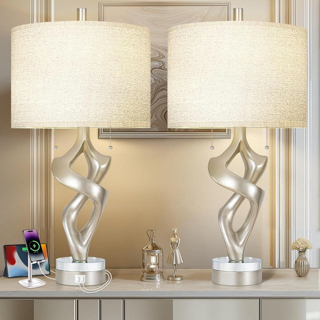 Scenekoy Sculptural Resin Table Lamp Set of 2 with USB Ports for Bedroom Living Room, 26” Antique Silver Leaf Dual Pull Chains Bedside Lamps, Nightstand Lamp for Home Room Decor (Bulbs Included)