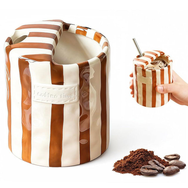 Shelprojsu 10oz Ceramic Coffee Mug,Retro Striped Coffee Cups,with Sip hole Espresso Ceramic Cup,novelty Hand-Painted Striped Travel Mugs-ideal Gift for Coffee Lovers (Brown)