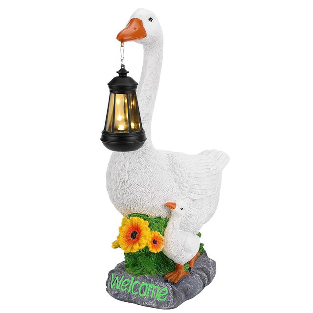 Solar Porch Goose Statue, Outdoor Goose Decor with Lantern for Yard Lawn Patio Balcony, Birthday Christmas Housewarming Gifts for Mom, Grandma, Women, 20 Inch, Resin