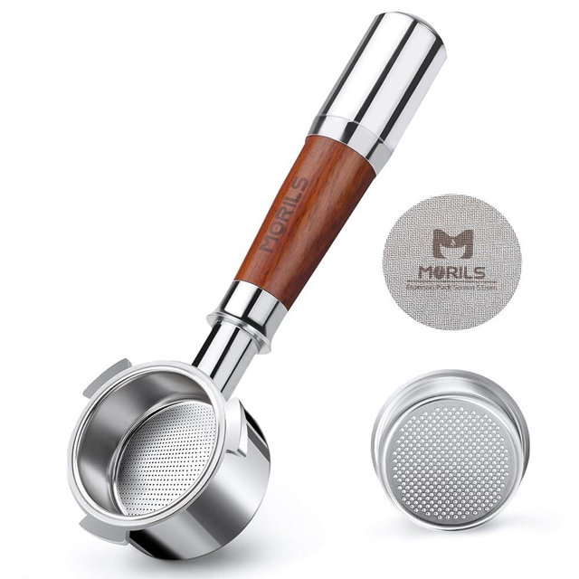 MORILS 54mm Bottomless Portafilter with Double Shot Filter Basket & Premium Walnutwood Handle, Portafilter with Puck Screen Compatible with 54mm Breville Machines, Espresso Accessories