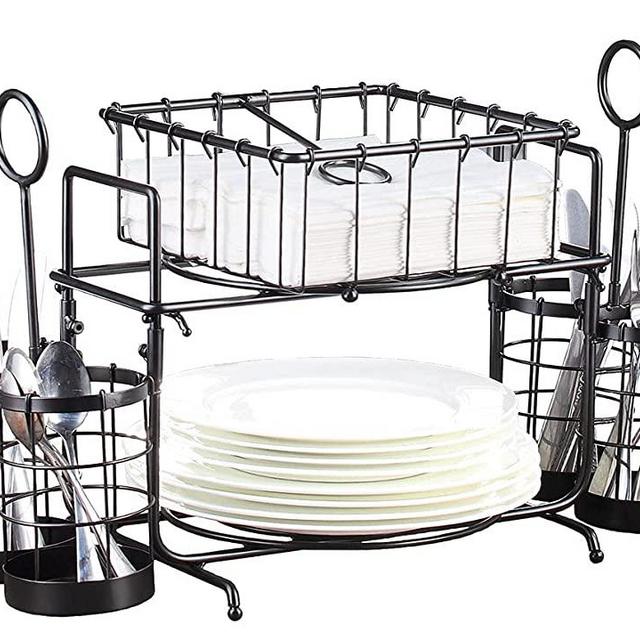 Giftburg Loop & Wire Buffet Caddy Tabletop Organizer, Flatware Napkin and Plate Picnic Caddy Stackable Serving Set, Black