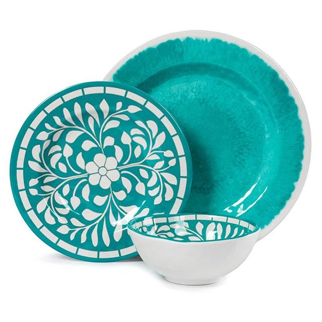 Teal Dinnerware Set - Melamine 12 Piece Dinner Dishes Set for Camping Use, Lightweight