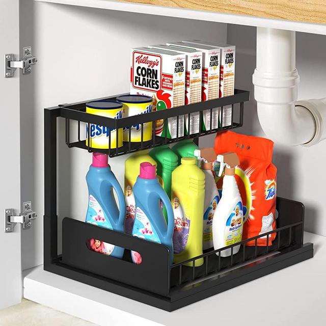 Zyerch Under Sink Organizer,Metal Pull Out Kitchen Cabinet Organizer with Sliding Drawer,Sturdy Multi-Functional for Bathroom Organization,Black