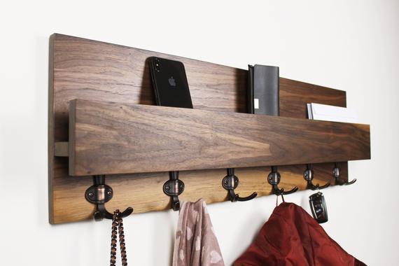 Wall-mounted Hardwood Coat Rack Entryway, Mail Key Organizer, Modern Rustic Mail Letter Holder , Handmade Key Storage, Home Decor, Shelf #1