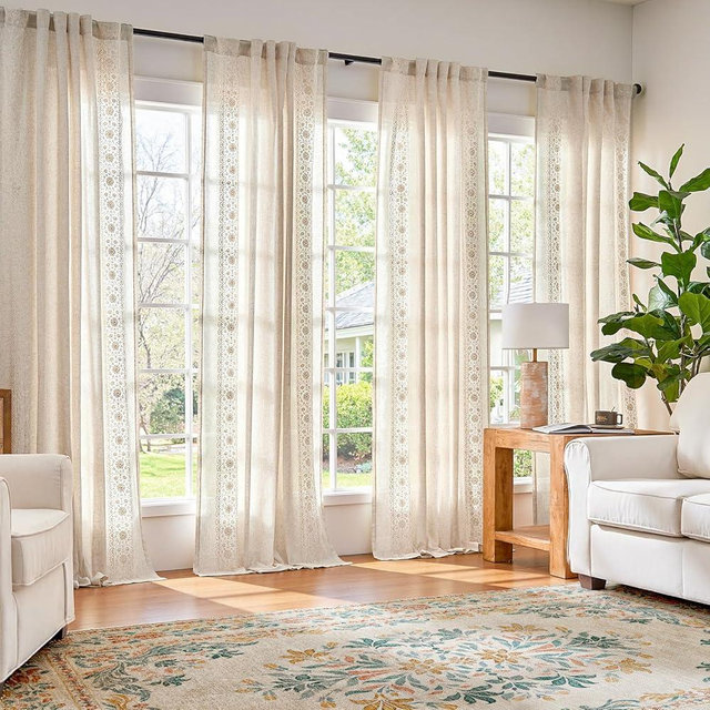 jinchan Boho Curtains for Bedroom 4 Panels Ivory Vintage Floral Farmhouse Curtains 84 Inches Long Linen Blend Drapes for Living Room Embroidered Light Filtering Drapes Cottagecore Ivory on Beige