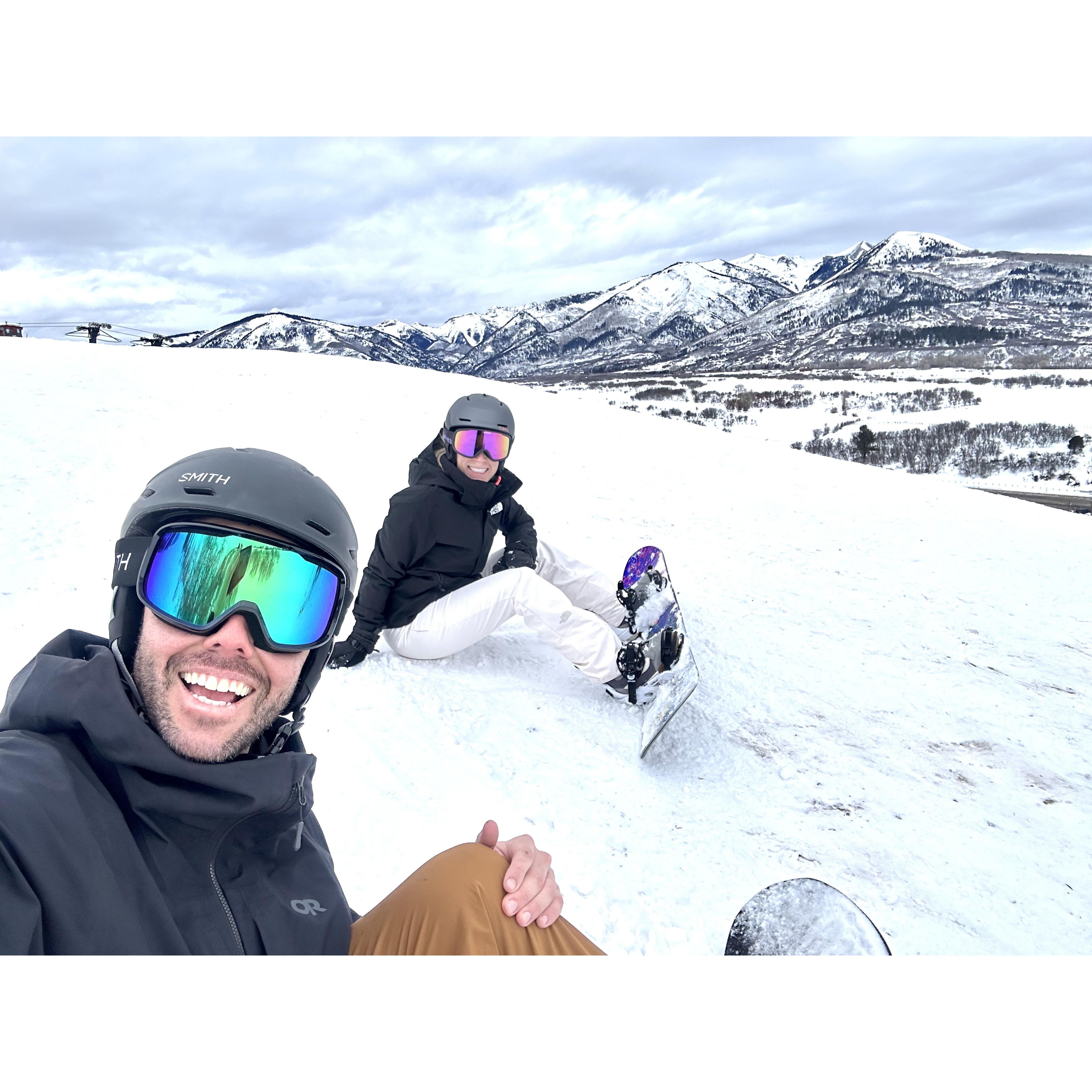 Making the most of the winter and learning to snowboard together in Durango!