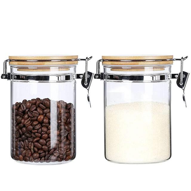 KKC Borosilicate Glass Storage Jars with Airtight Locking Clamp Lids,Glass Canisters with Airtight Lids,Glass Candy Jars with LIds,Sugar,Coffee Sealed Containers Bamboo Lid,27 Floz,Pack of 2