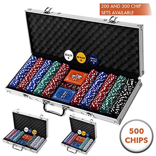 Professional 200, 300 or 500 Chips (11.5g) Poker Set with Case by Rally & Roar – 3 Options - Complete Poker Playing Game Sets with Casino Style Chips, Cards, Dice, Aluminum Color Case & Keys