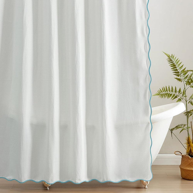 MONDAY MOOSE Scalloped Waffle Weave Shower Curtain with Rustproof Metal Grommet Holes for Bathroom, Machine Washable, Hooks Included (72x72 inch, Sky Blue/White)
