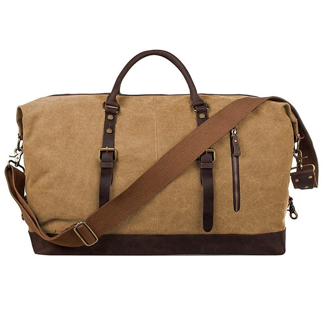 S-ZONE Duffle Bag for Travel 60L Canvas Duffel Bag Carry on Genuine Leather Overnight Weekender Bag for Men