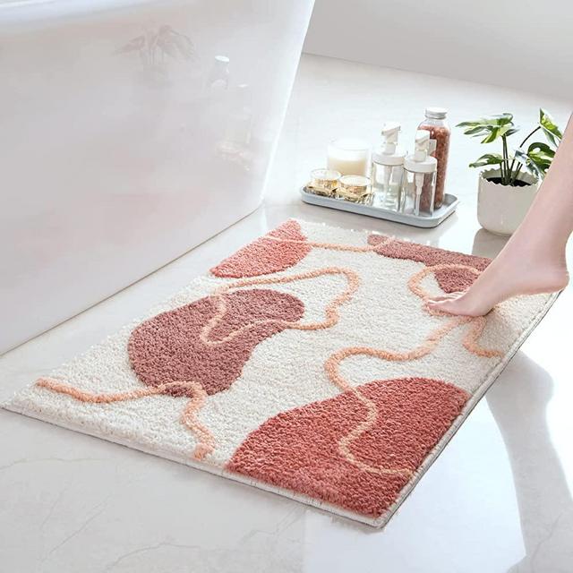 Bathroom Rug, Extra Soft and Shaggy Bath Rug, Ultra Absorbent Microfiber Bathroom Floor Mat, Machine Wash, Bath Mats for Bathroom Non Slip for Tub, Shower, and Bath Room (20"x 32", Beige & Red)