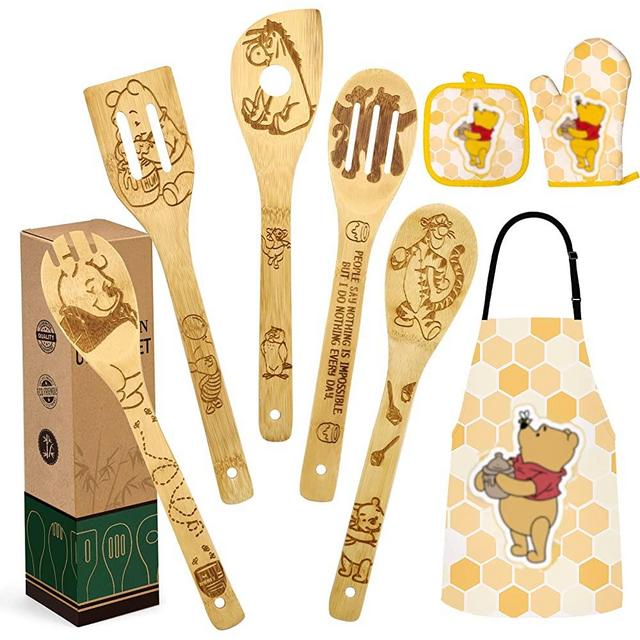 Mothers Day Gifts for Mom Women Birthday Gift Cute Bear Wooden Cooking Spoons Set Bamboo Kitchen Cooking Utensils Set with Apron Oven Mitt Potholder Set Great Christmas Gift