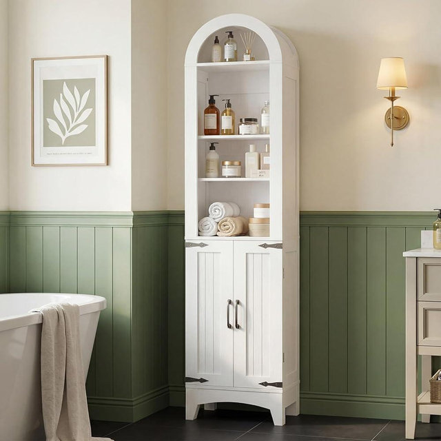 HOOBRO 67" Tall Narrow Bathroom Storage Cabinet, Arched Freestanding Floor Cabinet with 3 Adjustable Shelves and 2 Doors for Small Space, Space Saving Organizer for Bathroom, Living Room, White