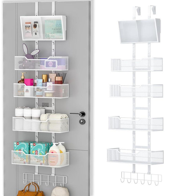 Hongtamoya Adjustable Over The Door Organizer, Hanging Door Storage with PVC Pocket and 4 Metal Baskets Wall Mount, Closet Door Organizer Behind Door Rack for Bathroom Bedroom Closet, White