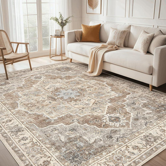 Micgeek 8x10 Washable Area Rug: Vintage Neutral Soft Non Slip Thin Large Floor Carpet for Living Room Bedroom Kitchen Dining Room Home Office Farmhouse Indoor - Beige Brown