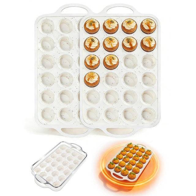 Fimary Silicone Muffin Pans With Metal Reinforced Frame - 24 Cups Durable Silicone Baking Pan for Muffins, Cupcakes, BPA Free and Dishwasher Safe - Beige with Rainbow Spots, Set of 2