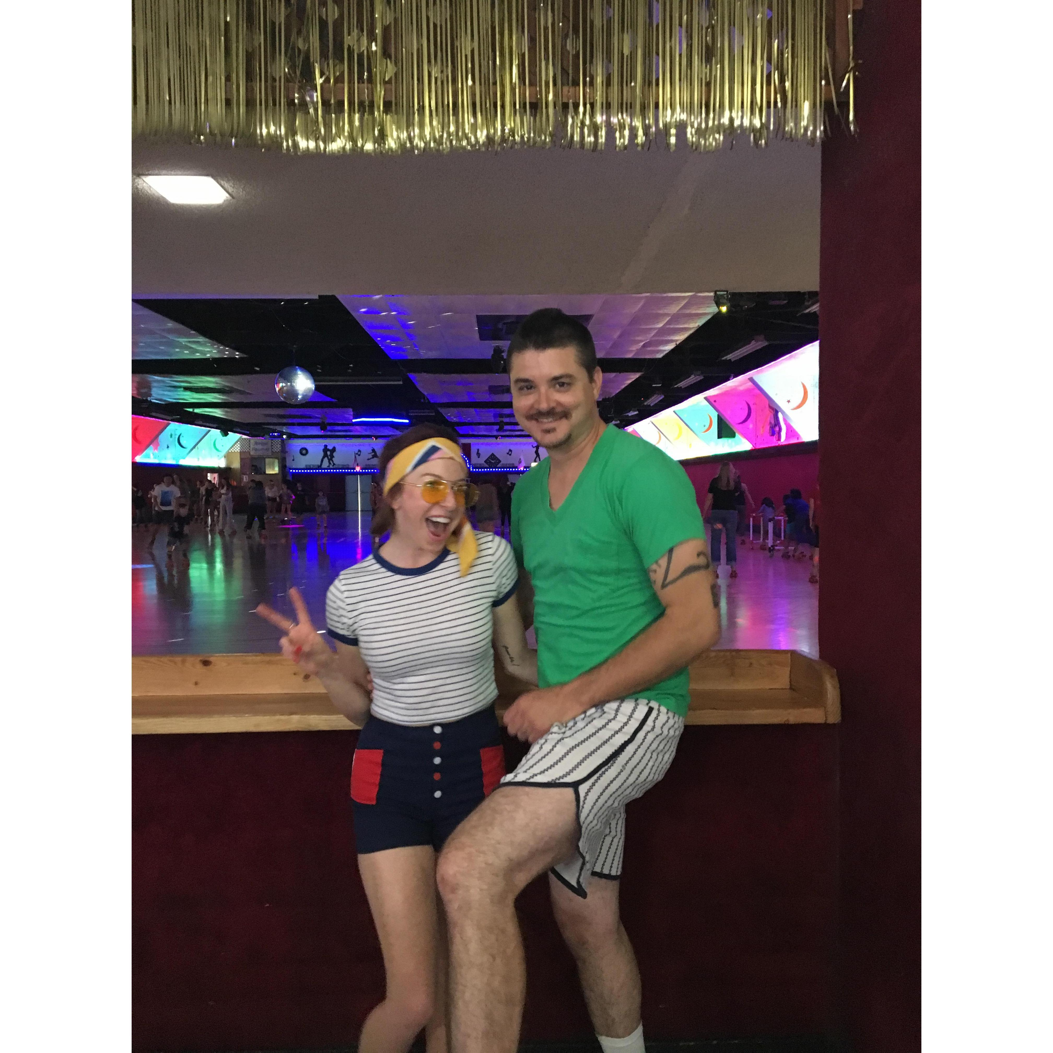 Justin showing some skin for Lauren's 70s rollerskating party