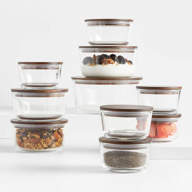 Crate & Barrel 20-Piece Round Glass Storage Containers with Dark Wood Lids