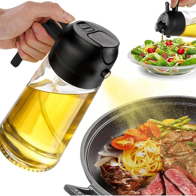 SWEET VIEW Oil Sprayer for Cooking, 16oz/470ml 2 In 1 Glass Olive Oil Sprayr & pourer for Kitchen, Air Fryer, Cooking, Salad, BBQ (Black)
