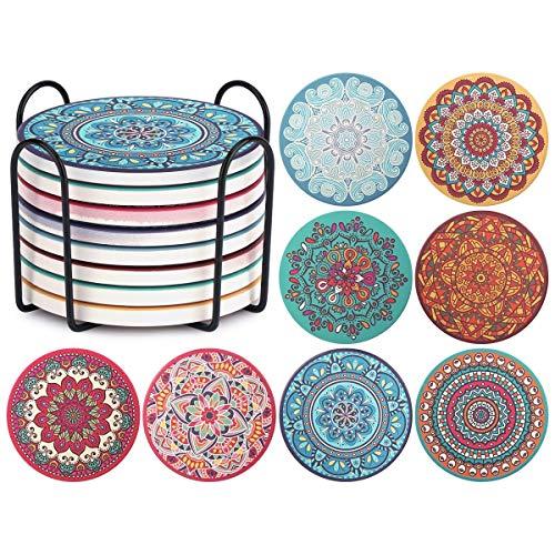 ChefBee Set of 8 Coaster for Drinks - Absorbent Mandala Ceramic Coasters with Cork Base, Metal Holder, Stone Coasters, Perfect Gift Set for Birthday, Housewarming