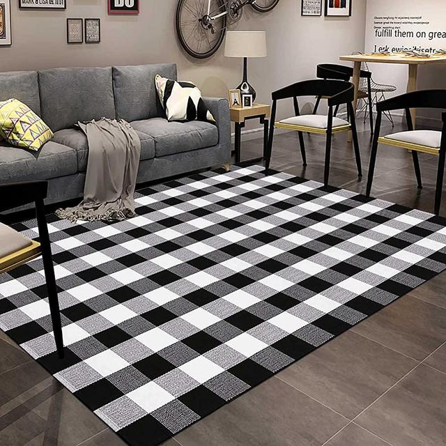 HOYIJA Buffalo Plaid Outdoor Rug 5 'x 7' Black and White Checkered Rug,Cotton Hand-Woven Indoor or Check Large Area Rugs, Washable Rugs for Living Rooms/ Dining Room/Bedroom/Farmhouse (5＇×7＇),