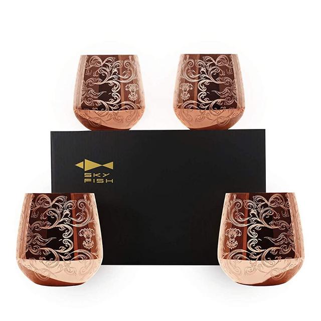 SKY FISH Stemless Stainless Steel Etching Wine Glasses,18 oz Copper Plated,Set Of 4