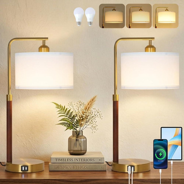 LAMSU Touch Lamps Set of 2, Mid Century Table Lamp with Bulbs, Solid Wood Pole, Dimmable Nightstand Bedside Lamp with USB Charging Ports, Modern Gold Tall Desk Lamps for Bedroom Living Room Office
