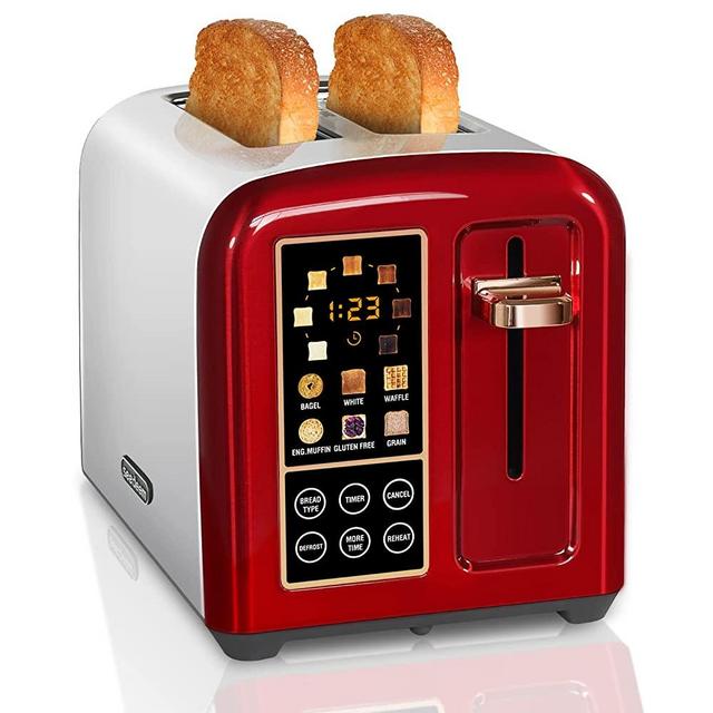 SEEDEEM Toaster 2 Slice, Stainless Steel Bread Toaster with LCD Display and Touch Buttons, 50% Faster Heating Speed, 6 Bread Selection, 7 Shade Settings, 1.5''Wide Slots Toaster with Cancel/Defrost/Reheat Functions, Removable Crumb Tray, 1350W, Dark Cherry