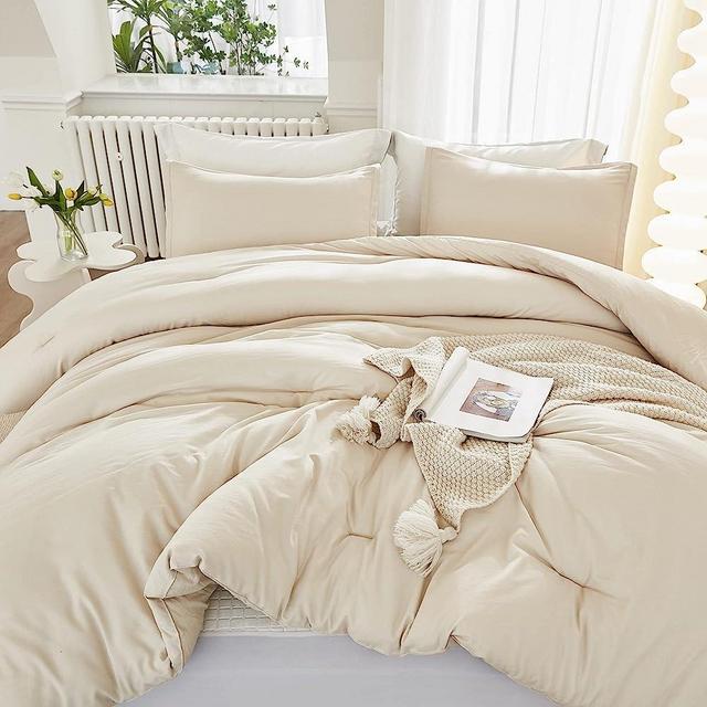 Litanika Beige Comforter King Size, 3 Pieces Boho Lightweight Solid Bedding Set & Collections, All Season Fluffy Bed Set (104x90In Comforter & 2 Pillowcases)