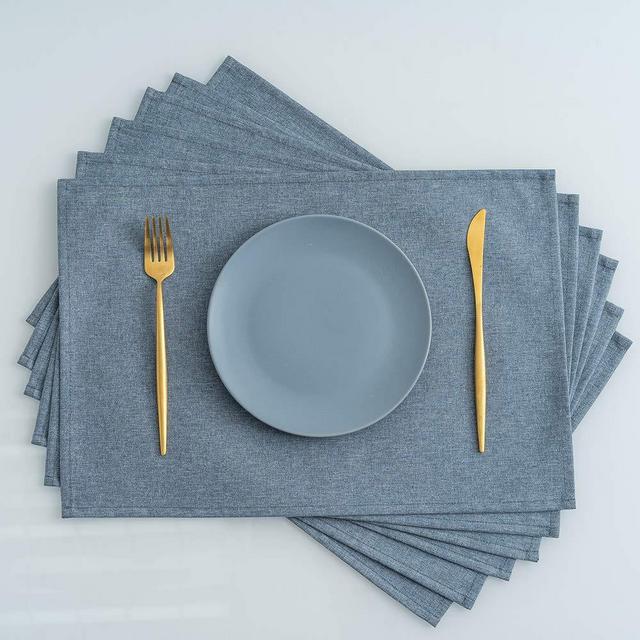 CSOFT Cotton Linen Blend Textured Placemats , Water Proof Easy to Clean Washable placemats for Kitchen Dining Table, Set of 6(Denim Blue18 X12 Size 6 pcs)