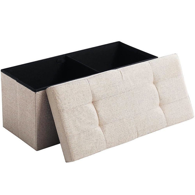 CUYOCA Storage Ottoman Bench Foldable Seat Footrest Shoe Bench End of Bed Storage with Flipping Lid, 75L Storage Space, 30 inches Linen Fabric Beige