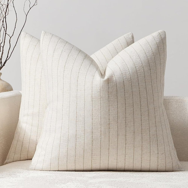 DEZENE Pack of 2 Linen Striped Throw Pillow Covers 22x22 Neutral Couch Pillow Cases Farmhouse Decorative Square Accents for Living Room Sofa Bedroom, Beige