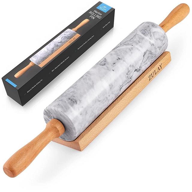 Zulay Kitchen 17-Inch Marble Rolling Pin With Stand - Polished Marble Rolling Pins For Baking - Long Rolling Pin Marble With Beechwood Handle - Non-stick Roller Pin For Baking Pastries, Bread & Pizza