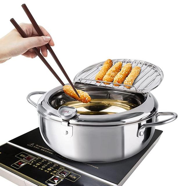 Kerilyn Deep Fryer Pot, 9.4 Inch/3.4 L Janpanese Style Tempura Frying Pot with Lid, 304 Stainless Steel with Temperature Control and Oil Drip Drainer Rack, for Kitchen French Fries, Chicken etc