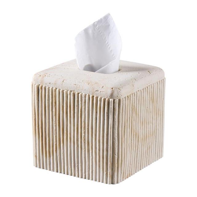 Natural Travertine Texture Striped Square Tissue Box Cover Decorative,Resin Heavy Sturdy Tissue Box Holder, Facial Paper Holder for Bathroom Vanity Countertop, Bedroom Night Stand,Office and End Table