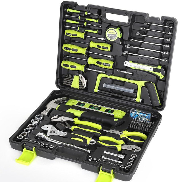 FASTPRO 198-Piece Household Tool Set, Home Repairing Tool Set with Toolbox, SAE Mechanics Hand Tool Kit for DIY, Home Maintenance, Green