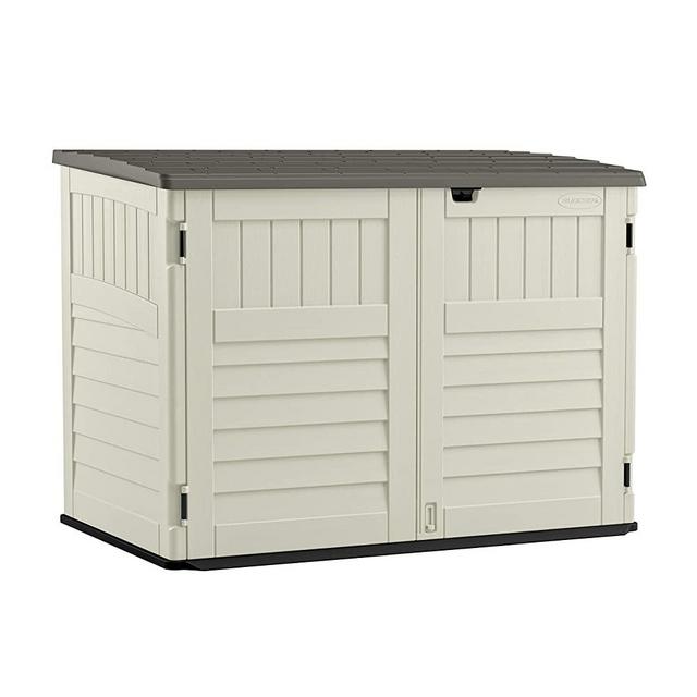 Suncast 5' x 3' Horizontal Stow-Away Storage Shed - Natural Wood-like Outdoor Storage for Trash Cans and Yard Tools - All-Weather Resin, Hinged Lid, Reinforced Floor - Vanilla and Stoney