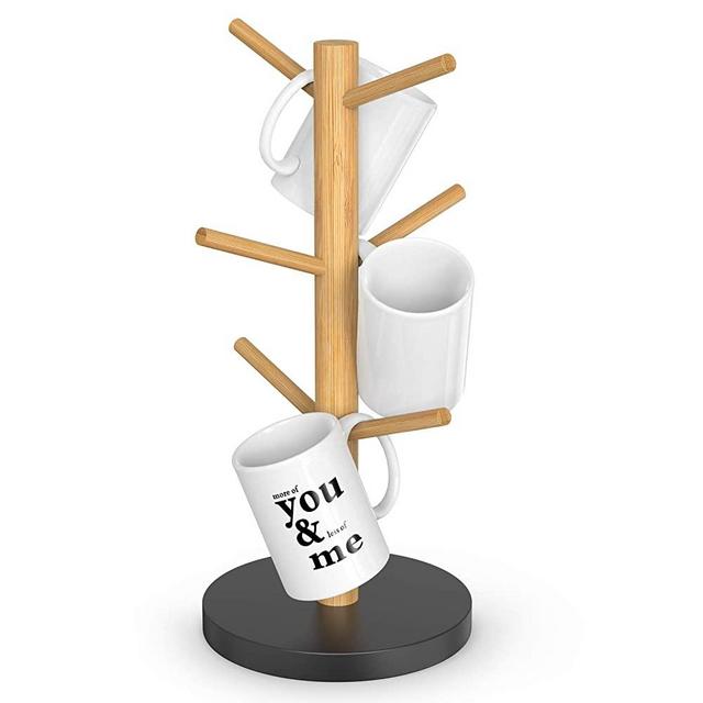 Coffee Mug Tree, Bamboo Coffee Mug Rack Cup Holders for Counter with 6 Hooks