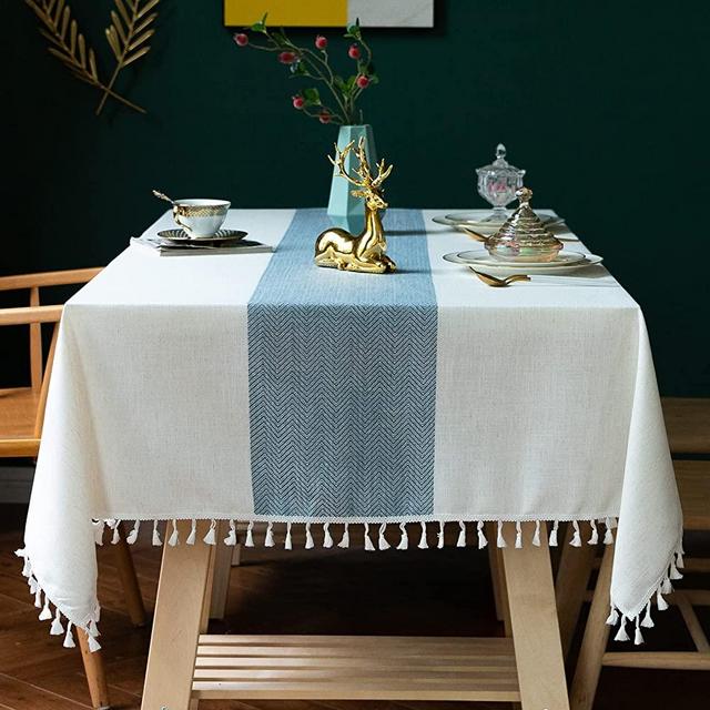 Laolitou Tablecloth for Dining Table Rustic Farmhouse Kitchen Table Cloth Coffee Table Cover, Cotton Linen Fabric Small Rectangle Tablecloths for 6 to 8 Seats, Beige, Blue Stripe, 55x86 Inch