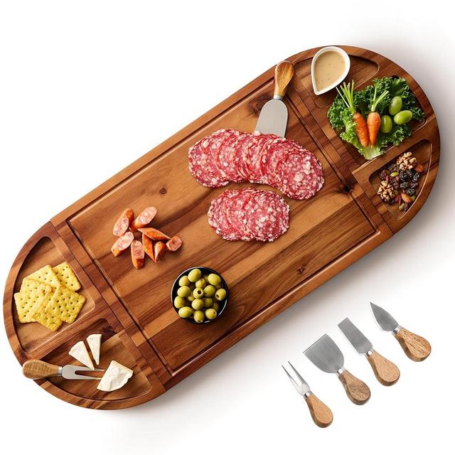 TIDITA Acacia Large Charcuterie Board and 4 Knife Set - 3 Part Long & Round Magnetic Cheese Boards Wooden - Extra Large Charcuterie Board Serving Platter - Acacia Wood Serving Board (30 x 13 Inch)