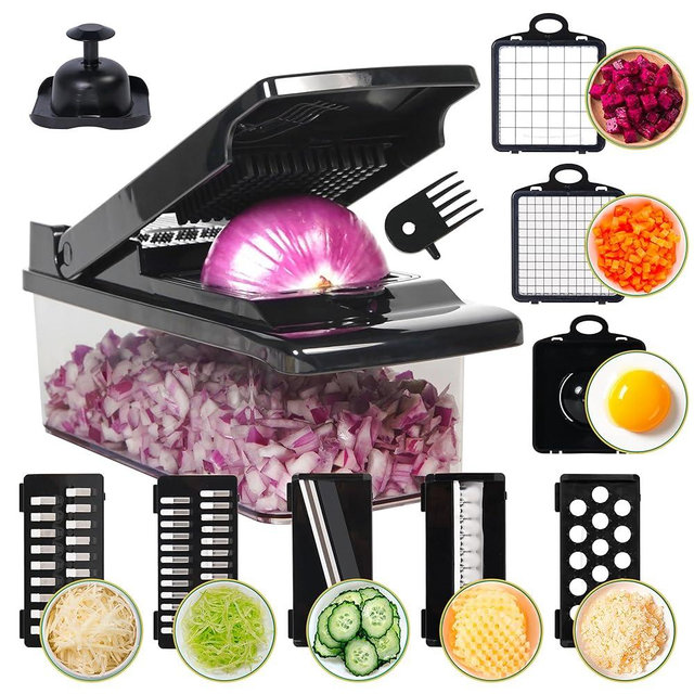 SANTOZZ Multifunctional Vegetable Chopper with Container, Vegetable Cutter with Interchangeable Blades, Onion Slicer, Garlic Grinder, Dicer for Potato, Carrot Chopper